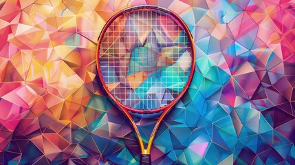 Na kolorowym tle mozaikowym leży rakietka tenisowa, która jest głównym przedmiotem zdjęcia. Tło jest bogate w różnorodne kolory i wzory geometryczne. - obrazy, fototapety, plakaty