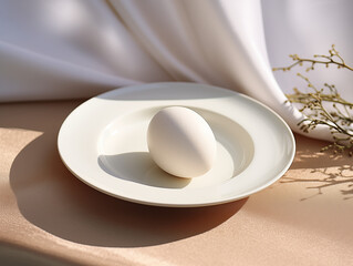 Fototapeta na wymiar One whole raw chicken white egg on a white plate