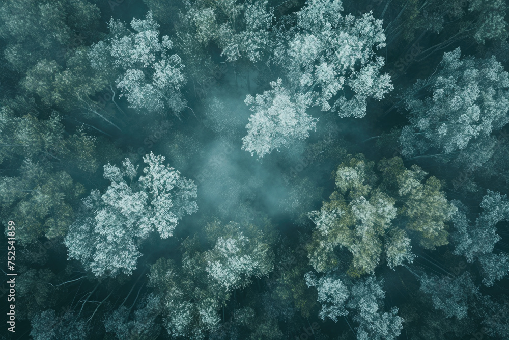 Poster a forest with trees in the background and a blue sky. the trees are covered in snow and the sky is c