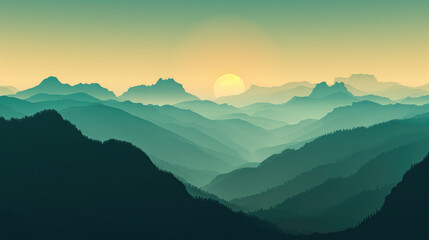 Fototapeta premium A mountain range with a sun in the sky. The sun is setting and the sky is a beautiful shade of blue. The mountains are lush and green, and the sun is casting a warm glow over the landscape