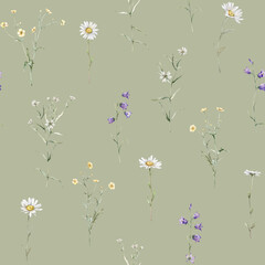 Seamless pattern watercolor meadow flower with white chamomile and violet bluebell. Repeat wallpaper forest flower yellow ranunculus. Hand drawn illustration on isolated background.