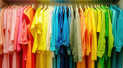 A rack of colorful clothes hanging in a store. The clothes are bright and vibrant, with a rainbow of colors. Scene is cheerful and lively, as the clothes seem to be inviting and fun to wear