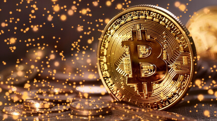 This image captures a close-up of a single Bitcoin coin against a dark, reflective surface with light bokeh