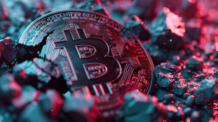 A striking image of a Bitcoin coin illuminated in red and blue, representing the digital currency revolution