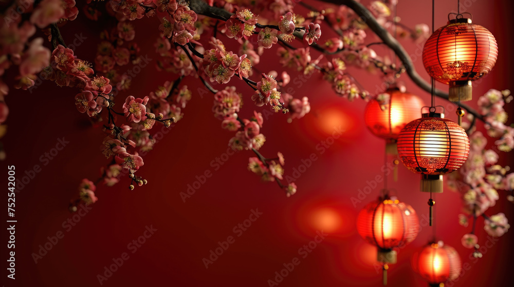 Poster a red background with a tree branch and red lanterns hanging from it. the lanterns are lit up and th