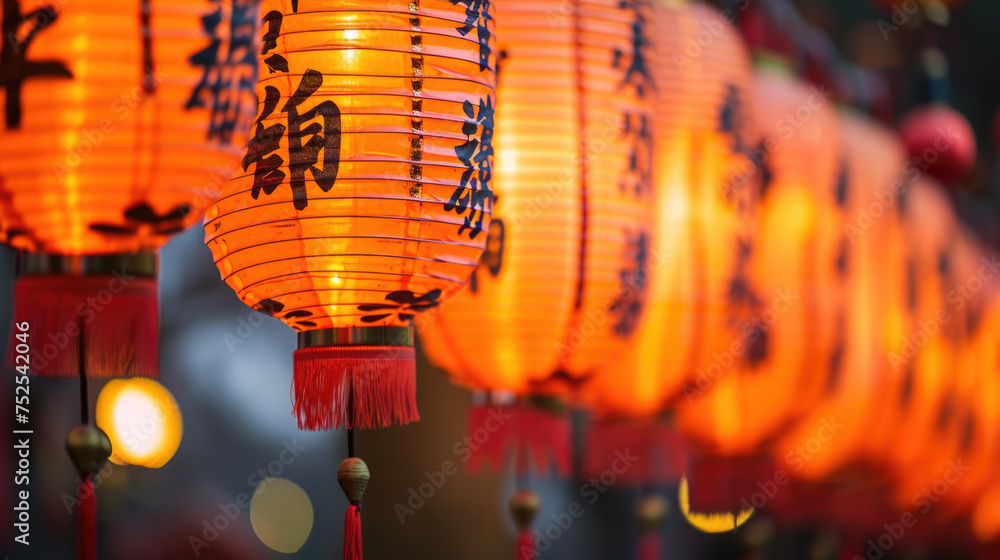 Poster a row of orange lanterns with chinese writing on them. the lanterns are lit up and create a warm and