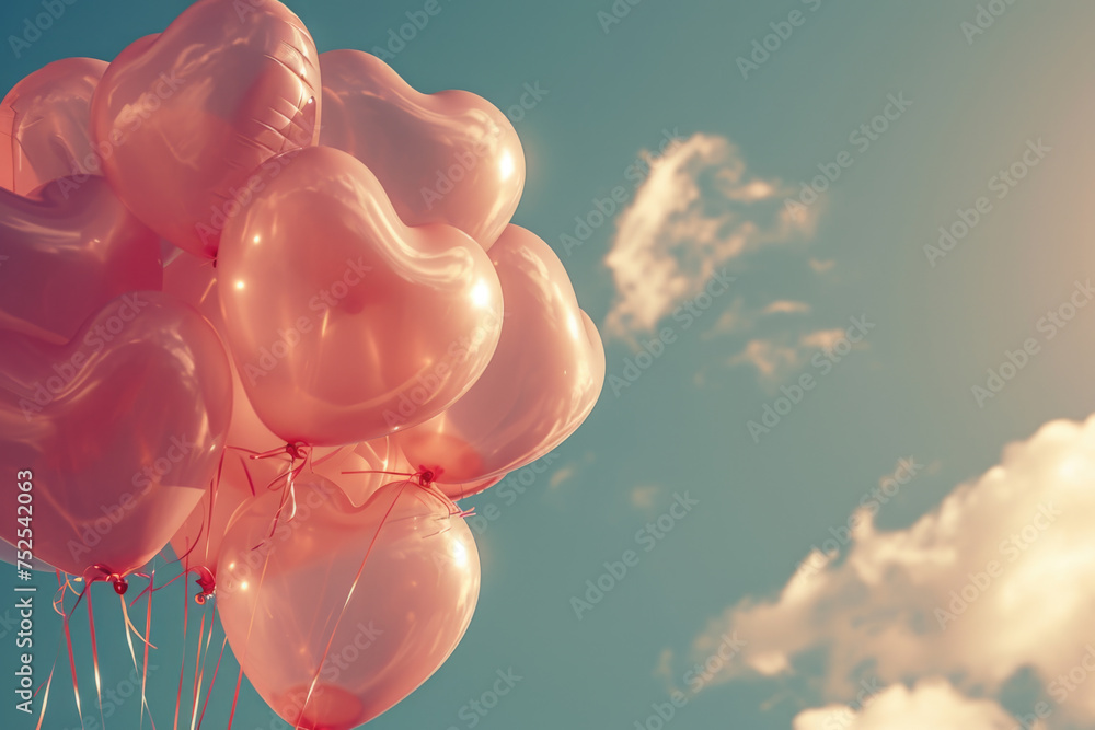 Poster pink balloons with hearts are floating in the sky. the balloons are scattered in different direction