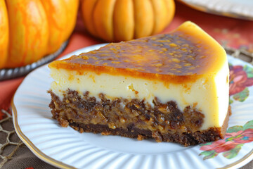A slice of pumpkin cheesecake on a white plate