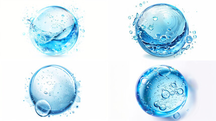 Set or collection of fresh water liquid bubble, transparent and blue, pure and purity concept. Isolated and separated on white background. 