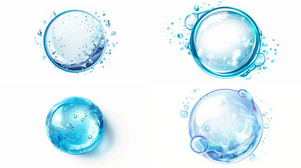 Set or collection of fresh water liquid bubble, transparent and blue, pure and purity concept. Isolated and separated on white background. 