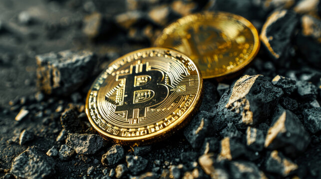 Two gleaming Bitcoins rest upon a dark, coal-strewn surface, contrasting wealth and raw materials