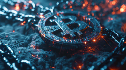A detailed close-up of a Bitcoin coin with sparkling lights, symbolizing the digital currency's impact