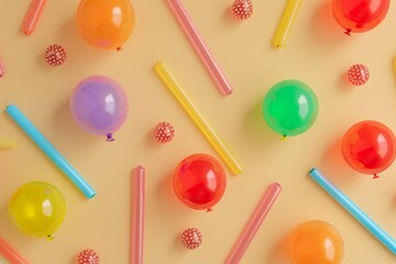 Pink, blue, yellow, green, purple, orange and red baloons with colorful drinking tubes on beige background. Party and unique concept. Flat lay. Top view