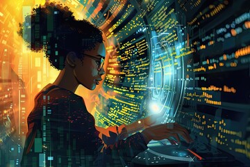 A black computer scientist who works on writing code, with words and programming languages superimposed - obrazy, fototapety, plakaty