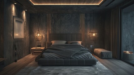 Dark gray bedroom mockup with soft yellow lights, soft colors, neocement, balanced design, eco-sustainable craftsmanship, linear simplicity.