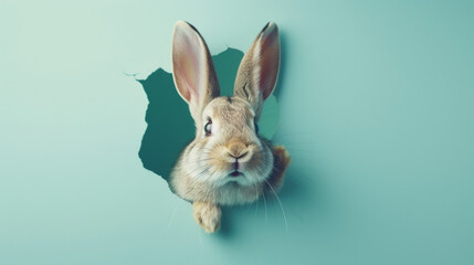 Fototapeta na wymiar A curious bunny looks through a tear in blue paper, suggesting creativity and surprise elements