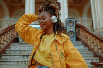 Joyful African American woman enjoying music outdoors