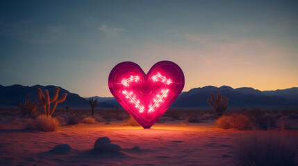 A large red-pink romantic neon heart in the middle of an abandoned desert during the evening, in the style of creative ideas for Valentine's Day.