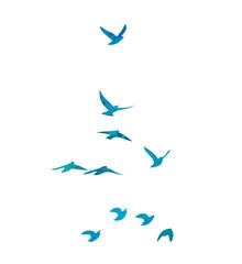 A flock of blue watercolor flying birds. hand drawing. Not AI, Free birds abstraction. Vector illustration
