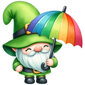 Cute watercolor leprechaun gnome holding rainbow colored umbrella, Happy Saint Patrick Day, Isolated on transparent background. Generative AI