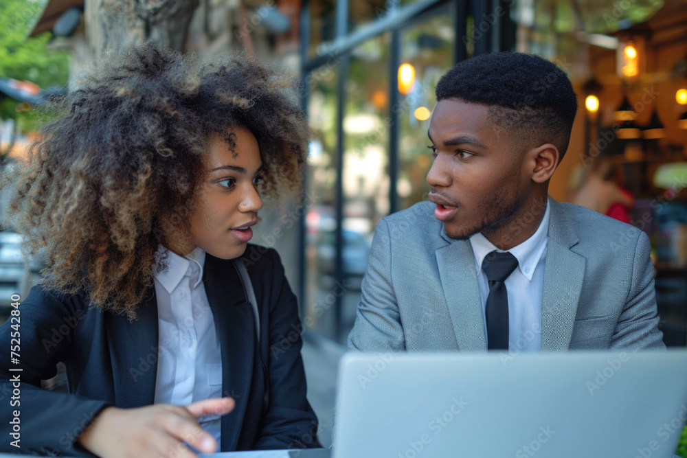 Poster two men in suits are sitting at a table with a laptop in front of them. one of the men is looking at