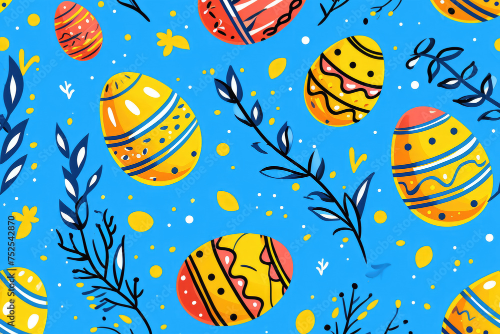 Poster a blue background with yellow and orange eggs and leaves. the eggs are arranged in a pattern and the