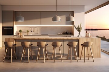 Modern Kitchen Interior at Sunset: Elegance Meets Natural Light