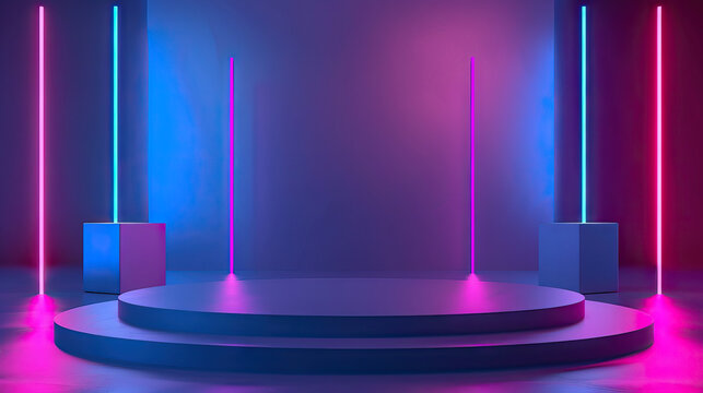 A thematic stage arrangement curated to amplify product branding, utilizing themed backdrops and tailored lighting schemes to create a cohesive narrative