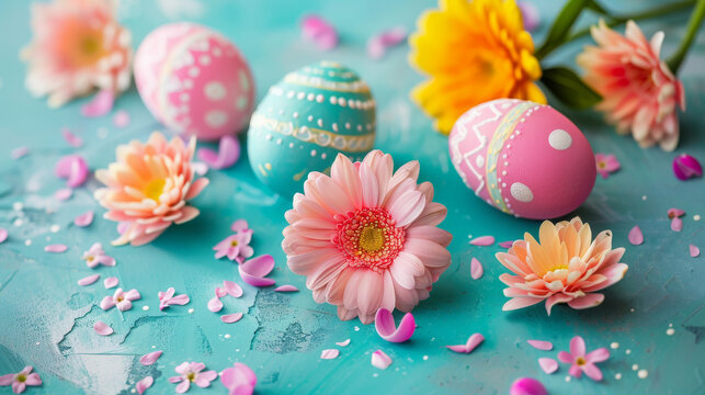 Soft-focus image of Easter eggs nestled among fresh spring flowers, symbolizing rebirth and new beginnings