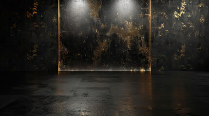 A sleek backdrop with a focused illumination on a central element, employing hues such as black and gold to accentuate items