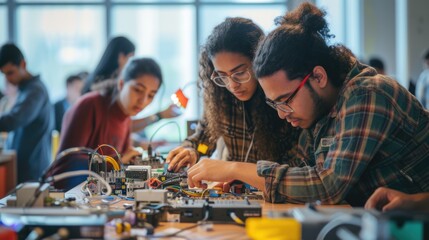 Young engineering students collaborate on an electronics project in a technology lab, soldering circuit boards and sharing ideas. AIG41