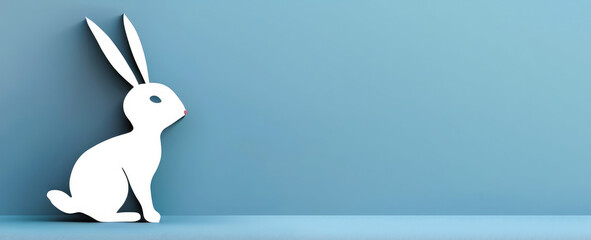 silhouette of a white Easter bunny in profile on a blue background, copyspace