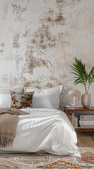 Fototapeta na wymiar a beautifully arranged bedroom featuring crisp white bedding adorned with floral motif pillows, set against a textured wall backdrop adorned with a modern nightstand and decorative elements.