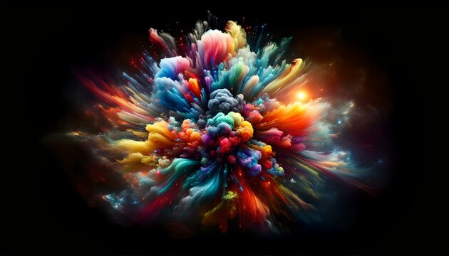 Vibrant and colorful explosion of paint and particles on dark background