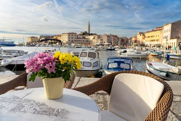 Poster sitting at a table in harbor of Rovinj with colorful vivid flowers and skyline of the city © Bernadett