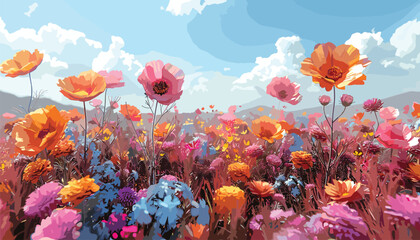 Fototapeta na wymiar 3D Rendered Flower Fields, 3D rendering, flower field visualization, digital floral landscapes vector illustration background