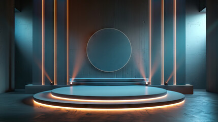 A customizable stage layout optimized for product launches, offering adjustable platforms and creative lighting solutions for impactful presentations