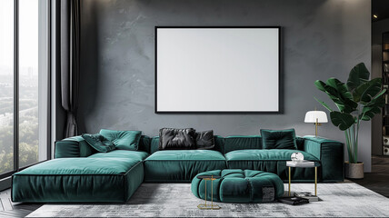 Empty horizontal frame with white blank poster for wall art mock up. Modern living room with large emerald green couch.