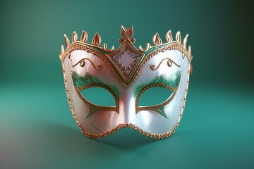 Shiny carnival mask for Mardi Gras celebration on green background
