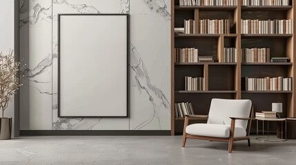 a modern library room, characterized by its minimalistic aesthetic and warm color palette of white, gray, and beige, an empty vertical photo frame on the wall, inviting high-detail mockup realism