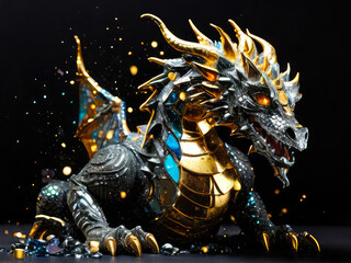 shiny precious gold dragon glitter on black background