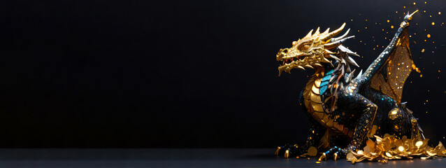 glitter golden dragon on black background