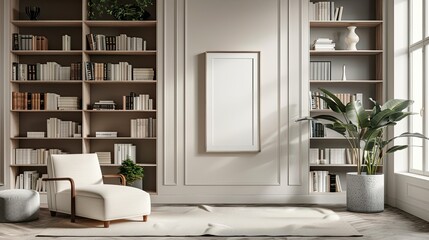 a modern library room, characterized by its minimalistic aesthetic and warm color palette of white, gray, and beige, an empty vertical photo frame on the wall, inviting high-detail mockup realism