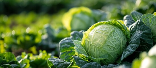 Lush green cabbage growing in the middle of vast rural field under clear blue sky - obrazy, fototapety, plakaty