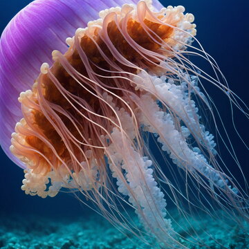 Beautiful bright ocean jellyfish. The animal underwater world of the sea. Invertebrates are the oldest animals. Aquatic inhabitants. Fauna. Beautiful pictures. Colorful glowing creatures in the depths
