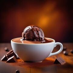 Cup of coffee topped with creamy ice cream and decadent chocolate, set against dark background. For advertising, banner, relaxation, lifestyle, menu, dessert, culinary, cafe themed content.Copy space.