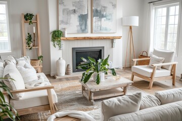 Tranquil Living Room with Neutral Tones and Elegant Natural Wood Accents