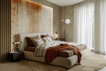 Serene Bedroom Oasis with Textured Headboard and Earthy Tones