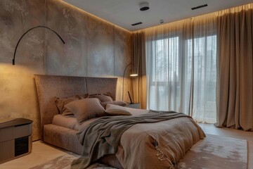 Serene Bedroom Oasis with Textured Headboard and Earthy Tones