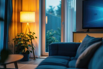 Relaxing Living Room Ambiance with Sunset View and Warm Lighting